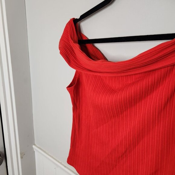 MADEWELL Solid Red Ribbed Off the Shoulder Top - Picture 2 of 6